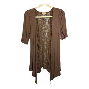 One World Cardigan Women's Size Large Lace Back‎ Open Front Brown